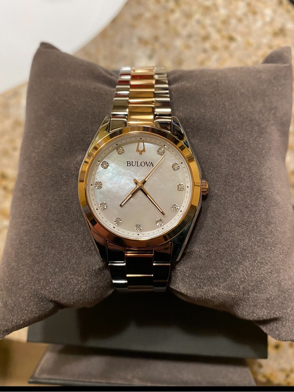 Women’s Bulova Surveyor 98P207 Two Tone Diamond Mother of Pearl Watch